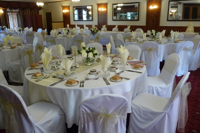 Tables decorated for a wedding at the Nant-y-Ffin Motel, Pembrokeshire