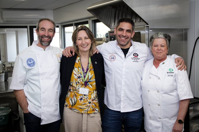 Chefs Stephen Terry and Owen Morgan with Tracy Jones, Ty Hafan's Director of Family Wellbeing and Outreach and Ty Hafan chef Jayne X