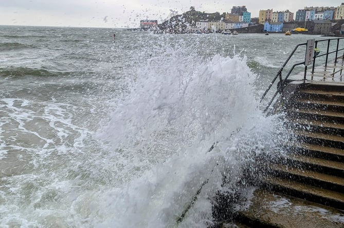 Waves crash at high tide, Tenby