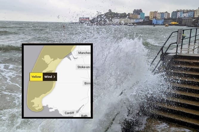 Stormy waves at Tenby with weather warning inset