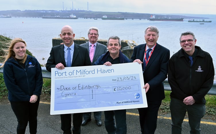 Sara Richards, PR and Communications Executive and Tom Sawyer, Chief Executive at the Port of Milford Haven; Councillor David Simpson, Leader at Pembrokeshire County Council; Dave Somerville, DofE Manager at Pembrokeshire County Council; Robert Newsome OBE, Chair of Ambassadors for DofE in Wales and Steve Davis, Service Manager, Pembrokeshire County Council.