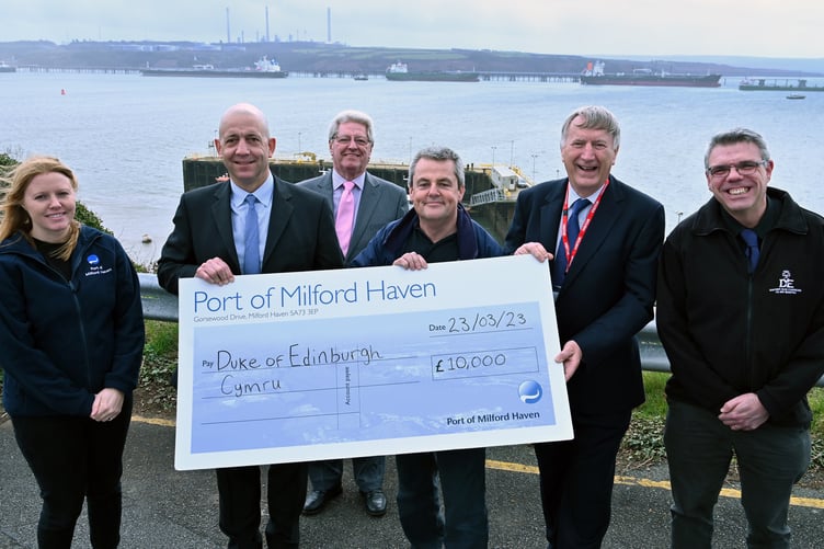 Sara Richards, PR and Communications Executive and Tom Sawyer, Chief Executive at the Port of Milford Haven; Councillor David Simpson, Leader at Pembrokeshire County Council; Dave Somerville, DofE Manager at Pembrokeshire County Council; Robert Newsome OBE, Chair of Ambassadors for DofE in Wales and Steve Davis, Service Manager, Pembrokeshire County Council.