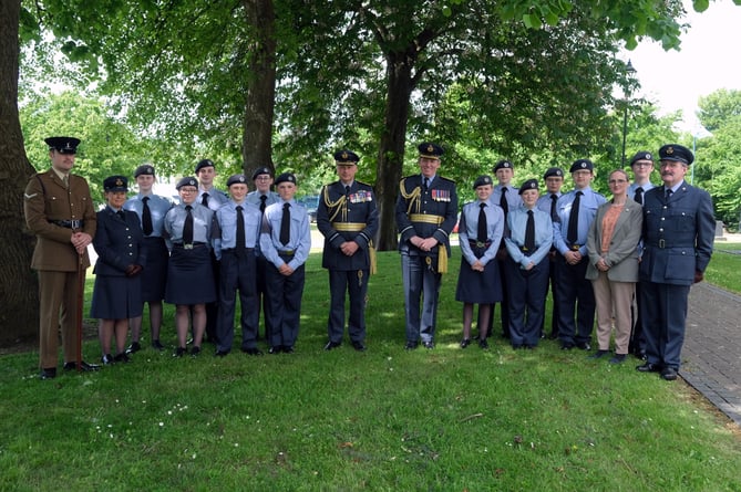 Air Marshal Ian Gale and Air Commodore Adrian Williams with cadets and staff of Nos 948 and 2420 Squadron, RAF Air Cadets.