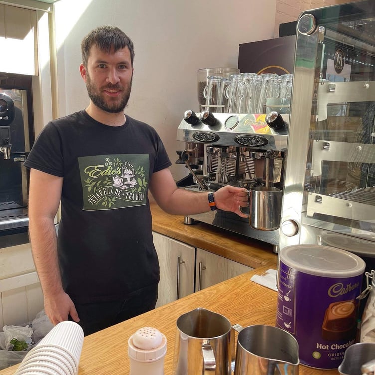 Calum making coffee in Edies Tearoom, Scolton Manor.