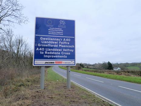 A40 road sign Llanddwei Velfrey to Redstone Cross