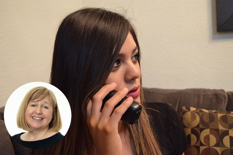 Woman using phone, with inset of Deputy Minister Lynne Neagle