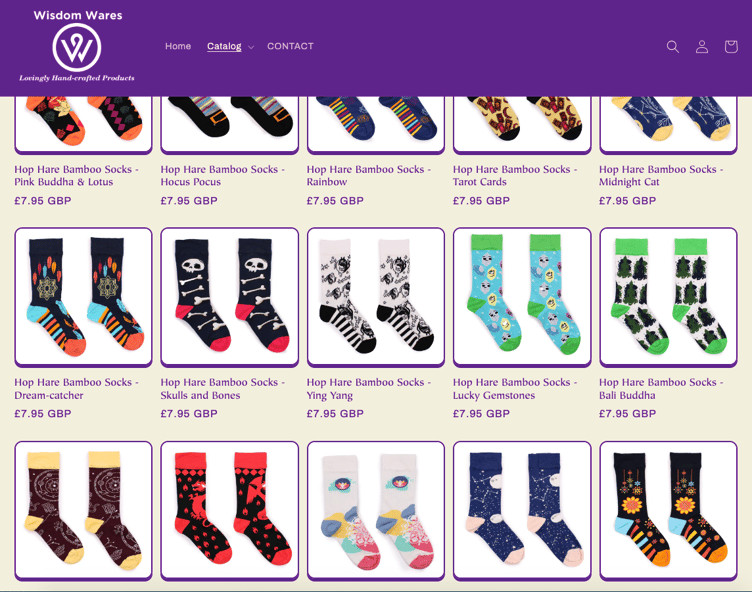 Screenshot of bamboo socks page on Wisdom Wares website