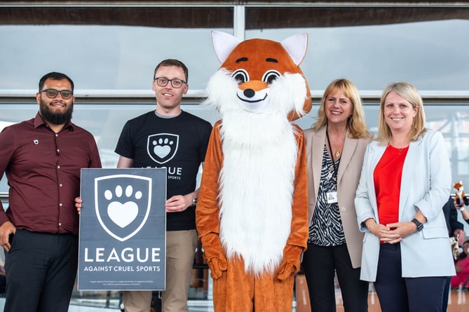 Carolyn Thomas MS, chair of the Cross Party Group on Animal Welfare (second right) with Hanah Blythynn MS (right), Will Morton, League Against Cruel Sports head of public affairs (second left) and Shahinoor Alom, public affairs officer Wales (left).