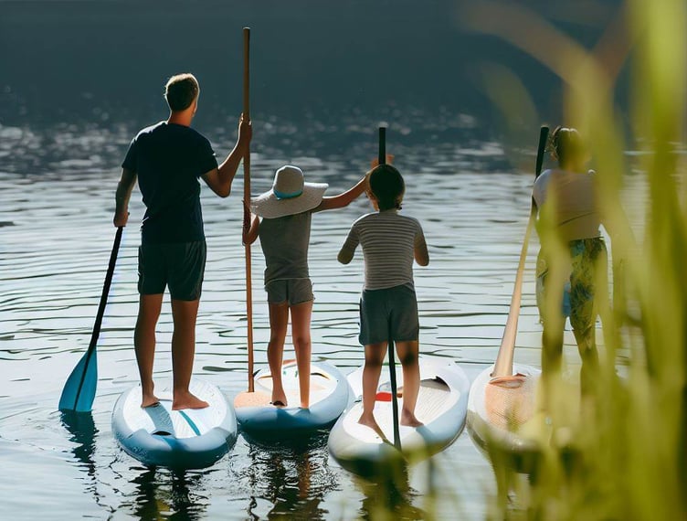 ai generated pic of family paddleboarding on lake