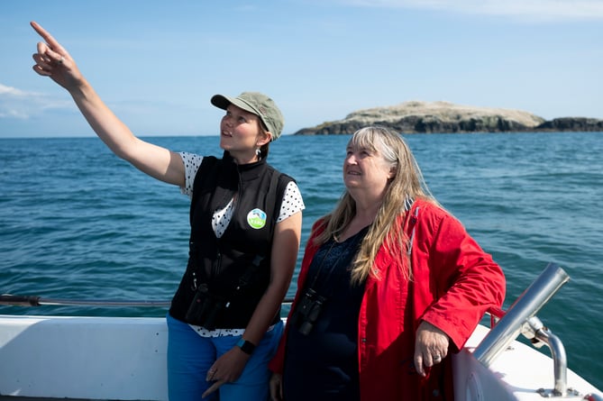 Welsh Government Minister for Climate Change Julie James views Grassholm from an RSPCA boat after Pembrokeshire County Council confirms hundreds of dead wild sea birds have washed up on their beaches in recent days with suspected avian influenza.