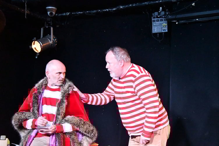 Production shot showing Robert Cohen as son of Tenby Kenneth Griffith dressed as the judge in the Prisoner