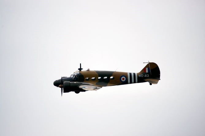 The Avro Anson, in wartime camouflage, overflying St Davids Airfield.