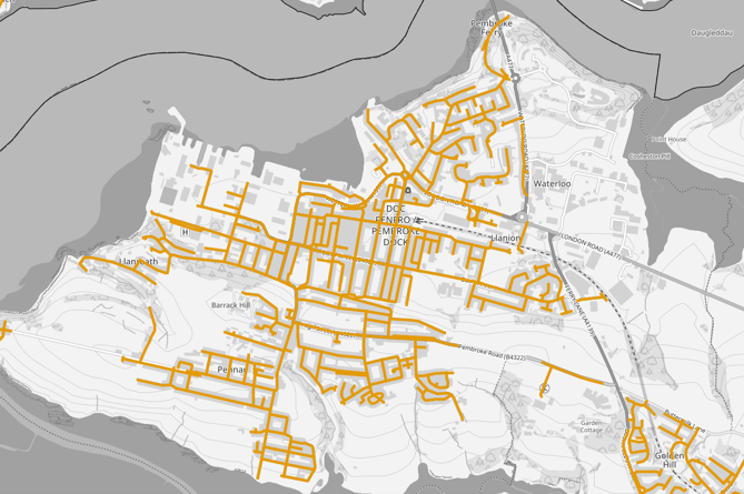 Map of Pembroke Dock showing roads that have become 20mph since the new legislation