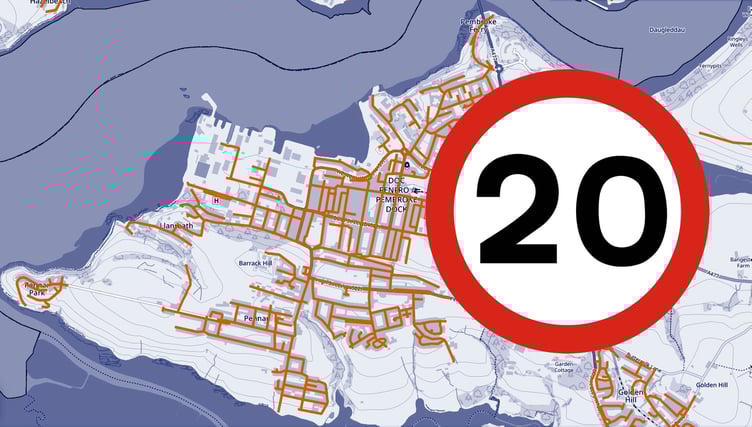 Map of Pembroke Dock showing roads that have become 20mph since the new legislation