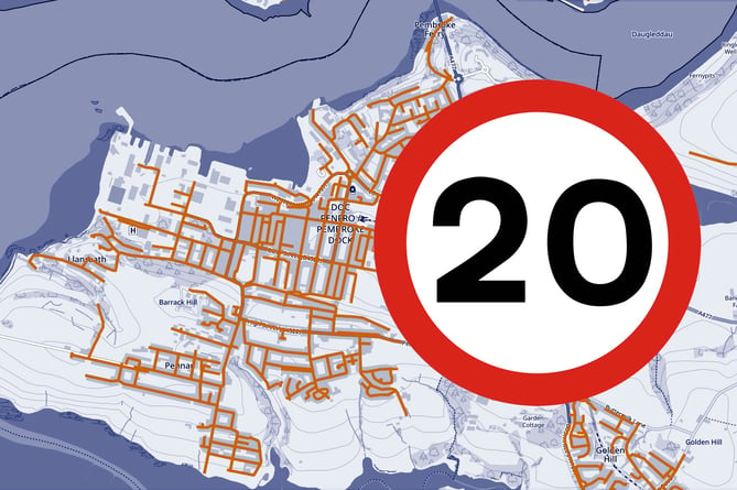 Map of Pembroke Dock showing roads that have become 20mph since the new legislation