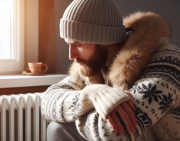 person in winter clothes indoors by radiator