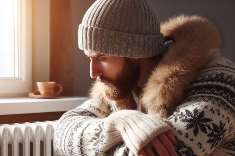 person in winter clothes indoors by radiator