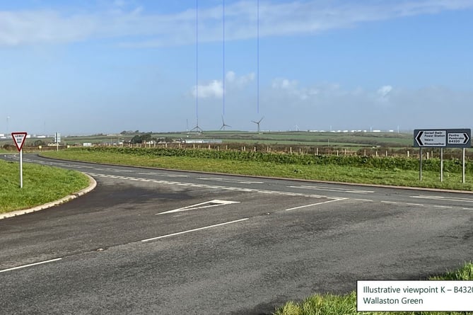 Illustrative view of the proposed turbines - B4340 south of Wallaston Green
