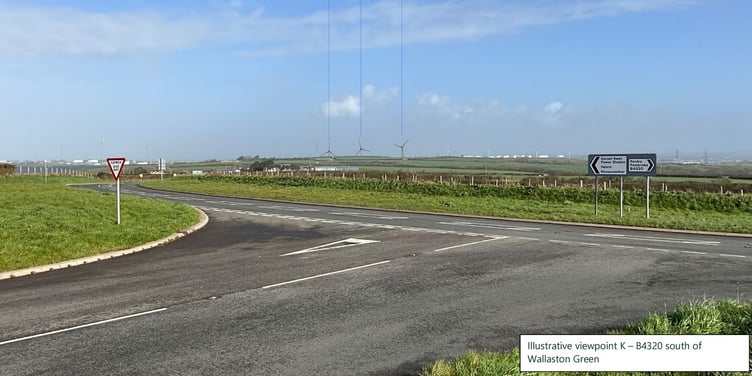 Illustrative view of the proposed turbines - B4340 south of Wallaston Green