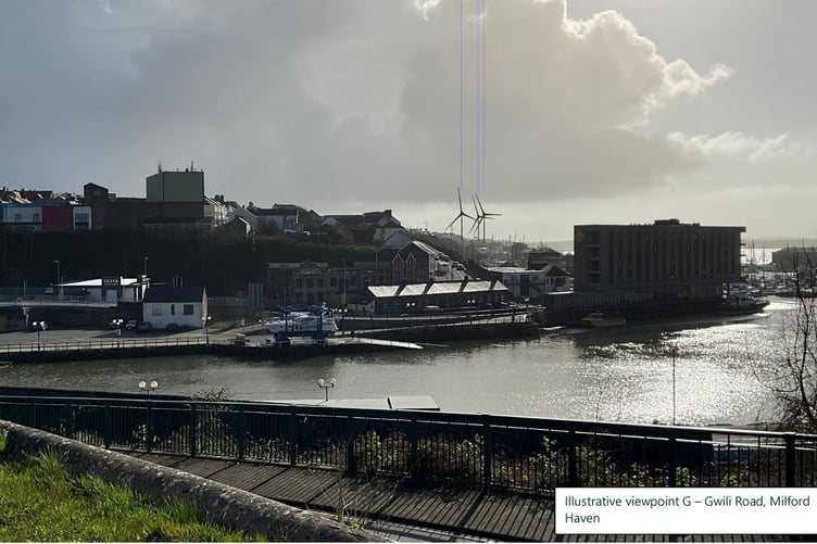 Visual illustration of what the proposed Dragon LNG site turbines are expected to look like: Gwili Road, Milford Haven