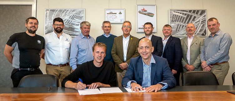Pictured, from left to right, are Steven Bonder (NG Shipyards), Jamie Furlong (Milford Haven Port Authority), Albert Keizer, Dirk Keizer (NGS), Ian Shipperly, Chris Martin, Tom Sawyer, Gareth Phillips (MHPA), Steven Lee (BMT), Mike Ryan, and Luke Mason (MHPA).