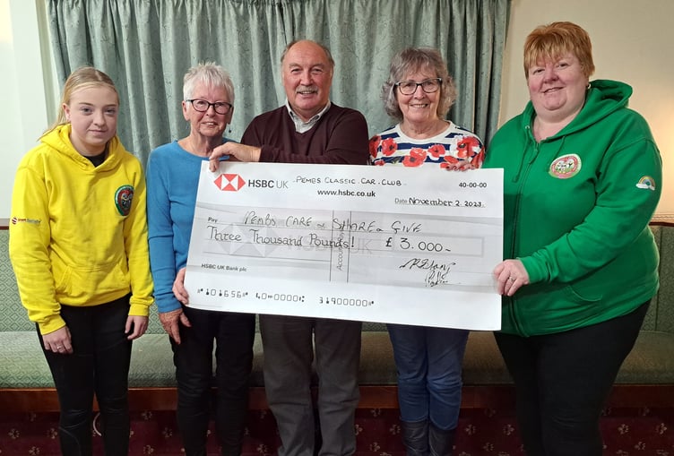 Club Treasurer Nick Stamp presenting a donation to Amanda Absalom-Lowe, Sandi Davis, Rita Gowing and Megan Absalom-Lowe of Pembrokeshire Care, Share & GIve.