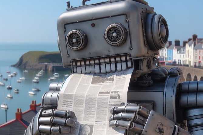 Robot eating newspaper with harbour resembling Tenby in the background