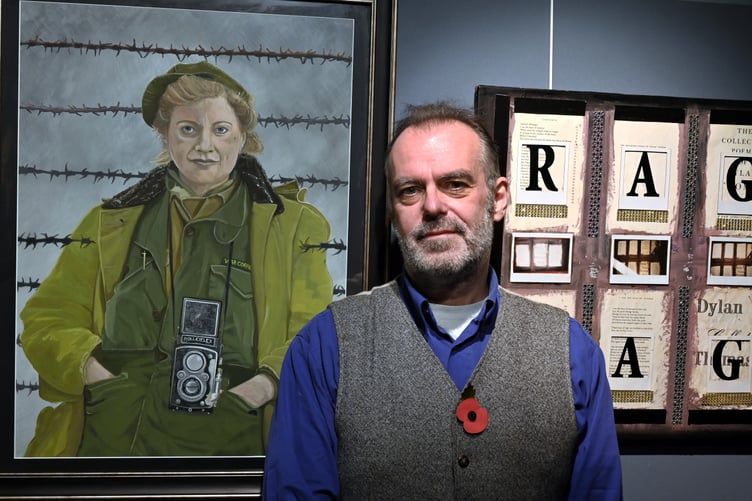 Seimon Pugh-Jones at the opening of his Dylan Thomas inspired exhibition at Narberth Museum