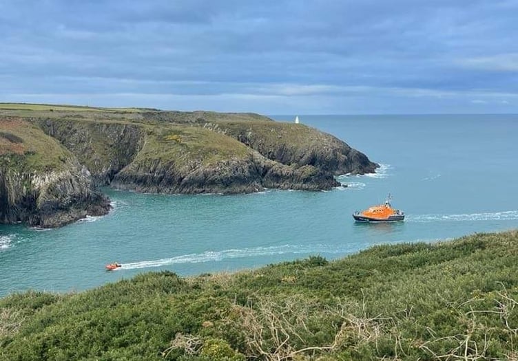 The Y Boat returns the dog to Porthgain Harbour as Norah Wortley watches on
