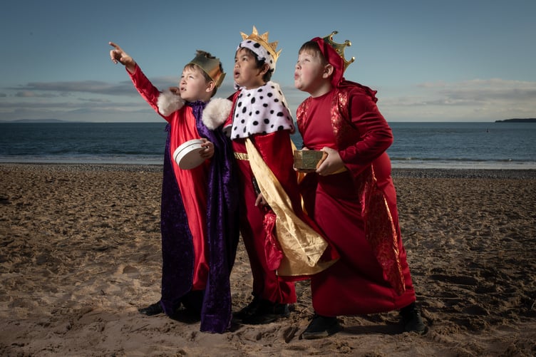 Pupils from St Teiloâs Catholic Primary School, located in the popular seaside resort of Tenby, act out scenes from their nativity plays before they break for Christmas on Friday. All schools will have finally broken up for the Christmas holidays by either today or tomorrow. In the image, three Kings (left to right) Jack Rigby, Santos Basilnomo and Tommy Leggett from Class 3 have some fun following the star on Tenby’s South Beach, located just a stone’s throw from the school.