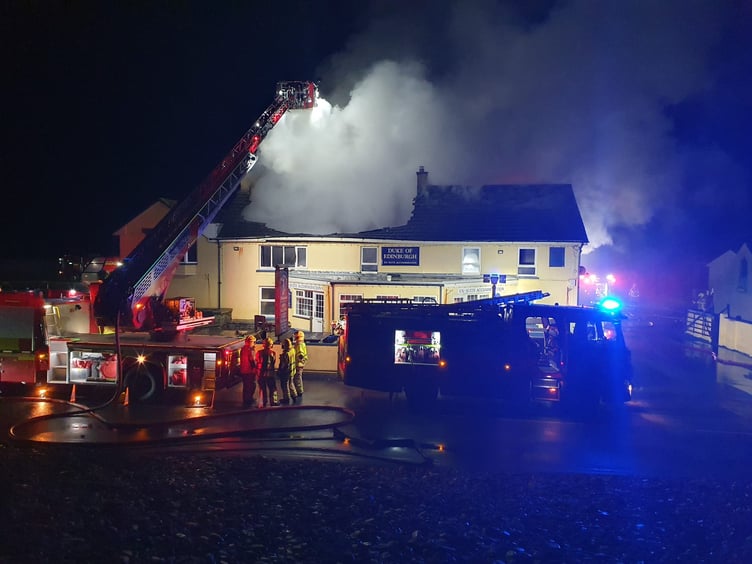 Firefighters tackling the blaze at the Duke of Edinburgh pub in Newgale