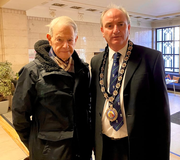 John Hajdu with Cllr Thomas Baden Tudor at the Holocaust Memorial service in Cardiff.