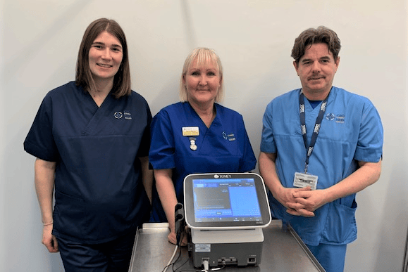 Pictured with the new ultrasound imaging system at Glangwili Hospital, Carmarthen are Casey Griffiths, Senior Sister; Cerys Stacey, Ophthalmic Specialist Nurse; Christian Jones, Staff Nurse.