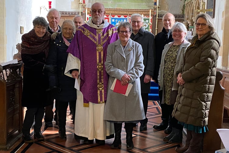 Rev'd Cox and Mrs Barbara Cox with Wardens of the four churches of the Narberth Benefice - St Andrew’s Narberth, Holy Cross Robeston Wathen, St John the Baptist Templeton and St Womar's Minwear