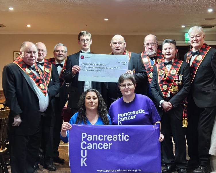 South Pembrokeshire Lodge Grand Primo Brother Malcom Styles presented representatives Pancreatic Cancer UK with a cheque for £1,143.55 raised by local RAOB members.