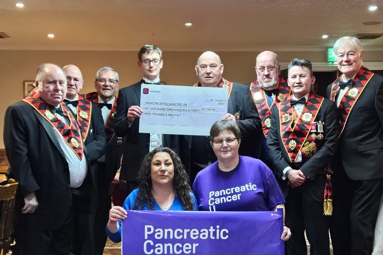 South Pembrokeshire Lodge Grand Primo Brother Malcom Styles presented representatives Pancreatic Cancer UK with a cheque for £1,143.55 raised by local RAOB members.