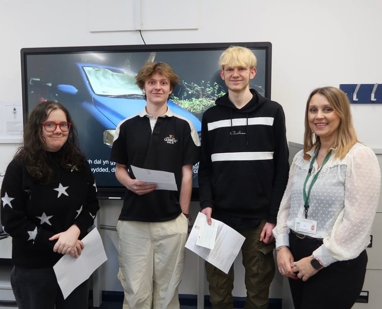 Photo: Pembrokeshire College students Christian Pearce, Jac Dawes and Xanthe Horsley, with Pembrokeshire County Council Road Safety Officer, Sally Jones.