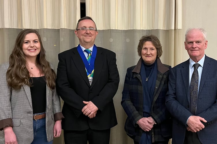 2024 Ambassador Ffion Edwards, president Adam Thorne, and presidents elect Margaret and Tim John.
