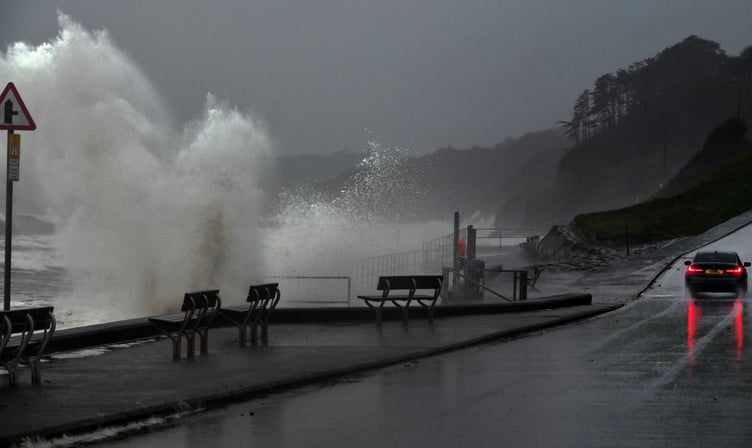 Waves hitting Amroth seafront during Storm Kathleen