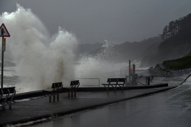 Waves hitting Amroth seafront during Storm Kathleen