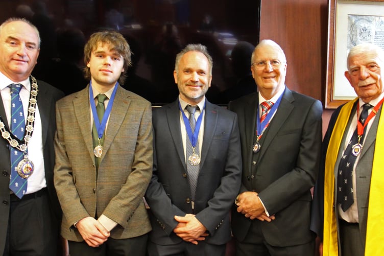 With Chairman of Pembrokeshire County Council Cllr Thomas Tudor and Master of the Gild of Freemen of Pembroke Cllr Dennis Evans are Mr Finley John, Mr Martin John, Mr Trevor Pledger. (Pic. Roger Jones)