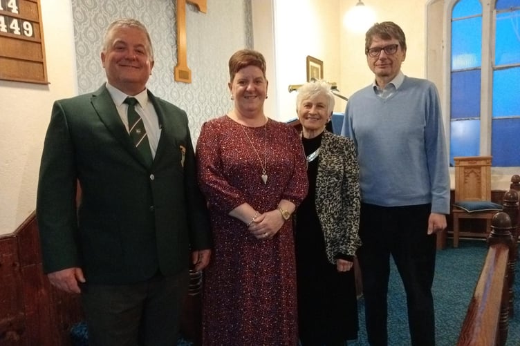 Duettists Matthew John and Alyson Griffiths pictured with Rosemary Tippett-Maudsley and Rev’d John Hayton following Pembroke and District Male Voice Choir’s concert at Stepaside Methodist Chapel.