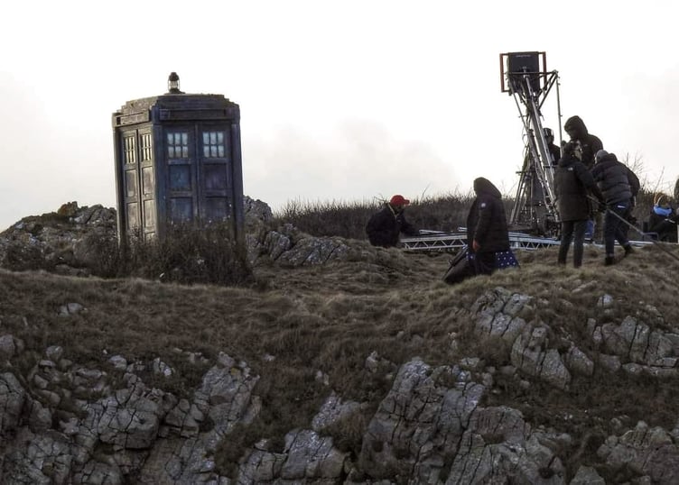 Filming the Tardis on the Pembrokeshire cliffs between Lydstep and Penally for an episode of Doctor Who.