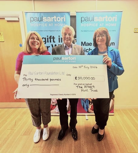 Holding the cheque are (left to right): Judith Williams Grant Development Officer, Phil Thompson MBE Vice Chair and Rosalind Raymond Trustee all from Paul Sartori Hospice at Home, recognising the donation from The Albert Hunt Trust.