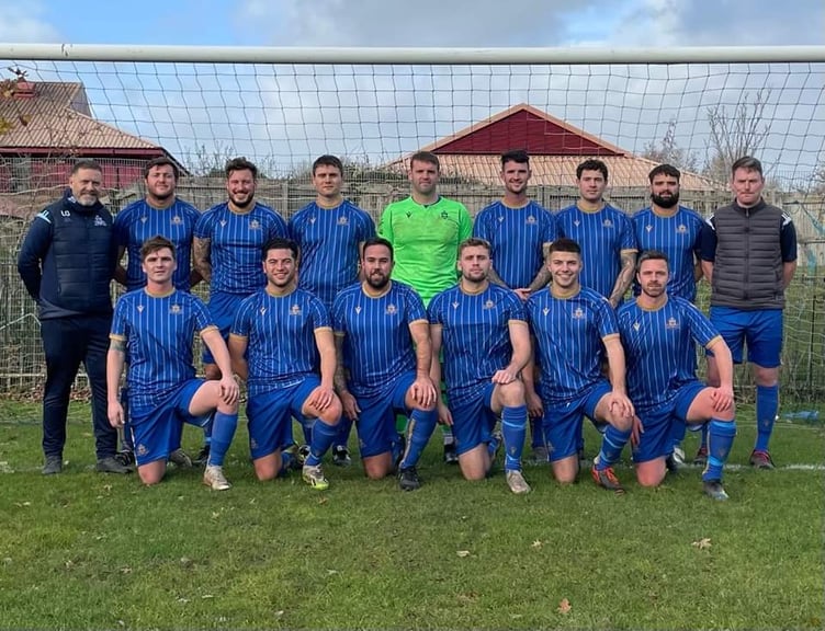 Kilgetty AFC men's first team in the Centenary Kit Sponsored by James Chiffi, Beyond The White Line.