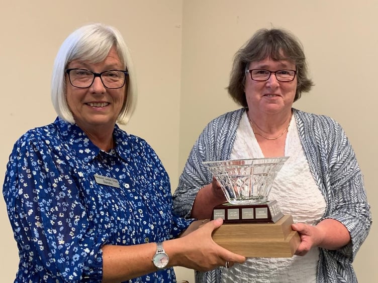 Neyland Ladies Choir outgoing Chairlady, Sandra Western presenting the Waterford crystal bowl to the incoming Chairlady, Jayne Edwards.