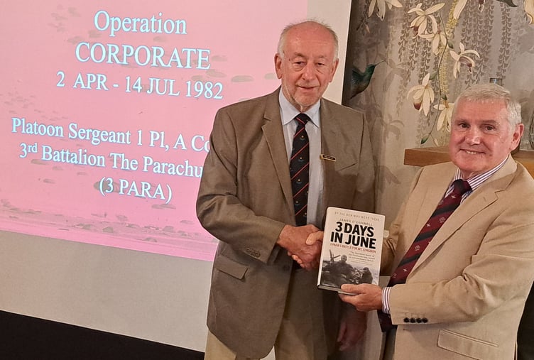 At the end of the meeting, Manny presented Narberth Probus President Peter Morgan with a book entitled ‘Three Days in June’ signed by author, James O’Connell, describing 3 Para's deadly battle to capture Mt Longdon.