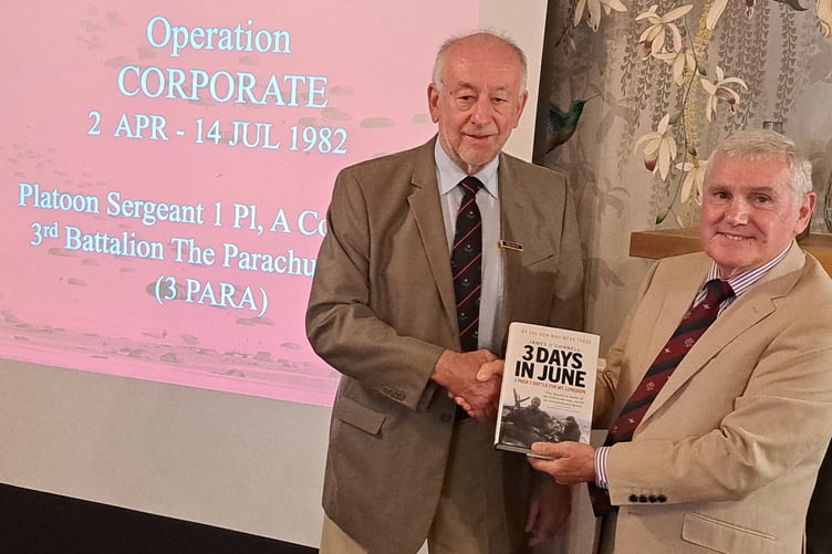 At the end of the meeting, Manny presented Narberth Probus President Peter Morgan with a book entitled ‘Three Days in June’ signed by author, James O’Connell, describing 3 Para's deadly battle to capture Mt Longdon.