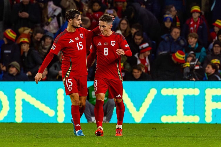 Cymru goalscorers Liam Cullen and Harry Wilson (Photo: Colin Ewart)