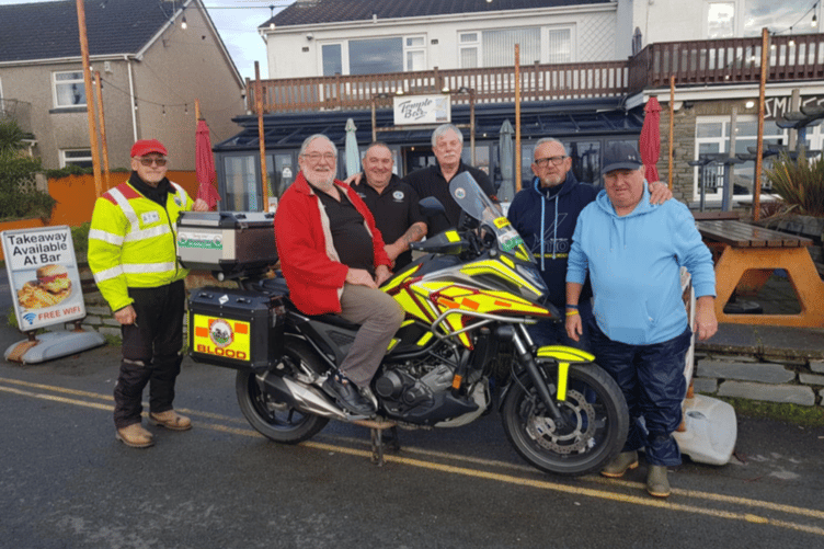 Pictured are Tim from Blood Bikes Wales, John O’Connor, Andrew Jamieson, Peter Kraus, Leigh Rogers, and Andrew Skeels.